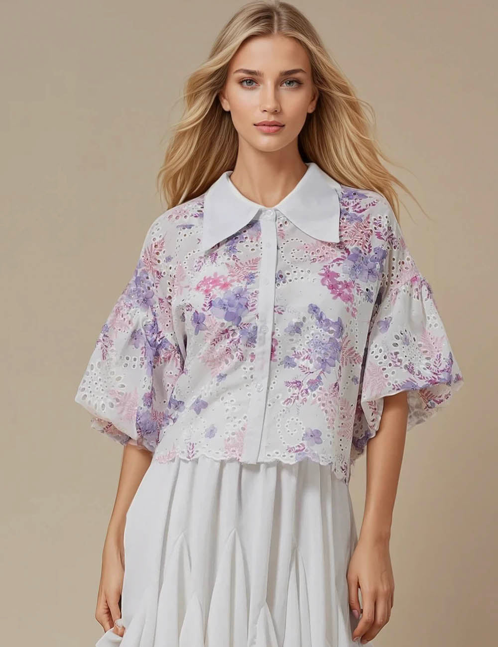 Ladies Eyelet Floral Print Short Sleeves Shirt JT5502