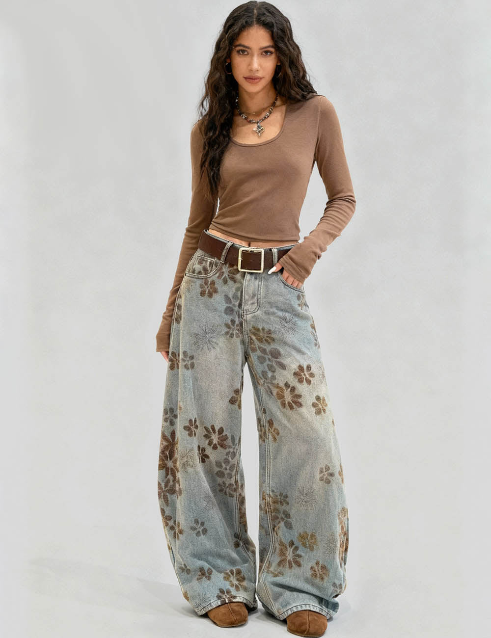 Ladies Floral Print Fleece Lined Wide Leg Denim Pants