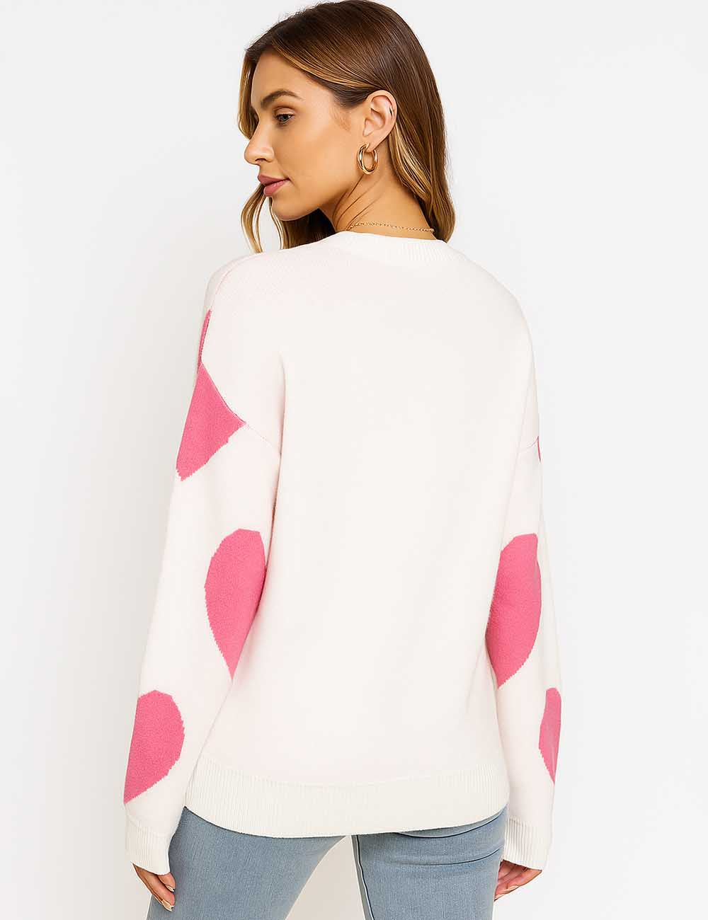 Ladies Color Block Heart Print Round Collar Knit Sweater