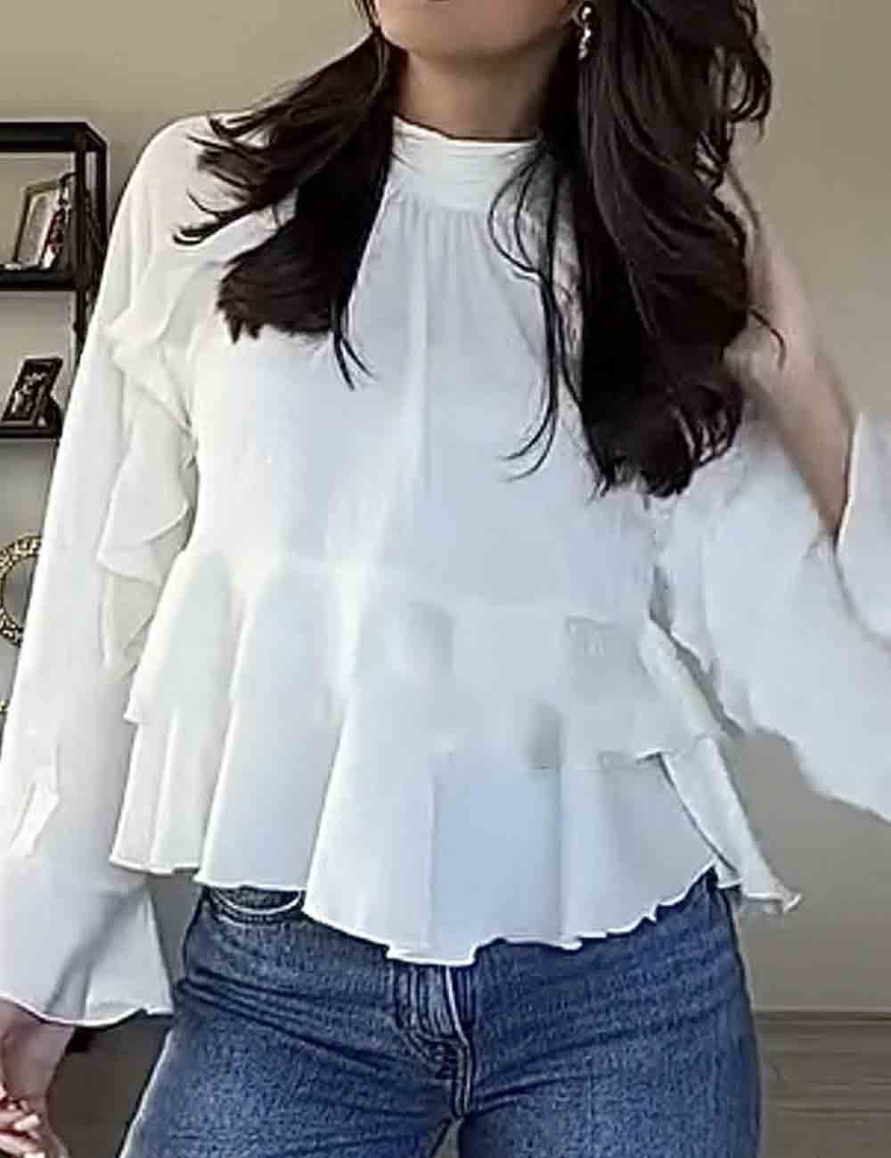 Ladies Stand Collar Tiered Ruffle Long Sleeves Blouse