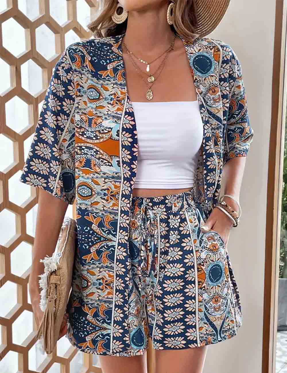 Ladies Tribal Print Short Sleeves Kimono Top & Shorts Set