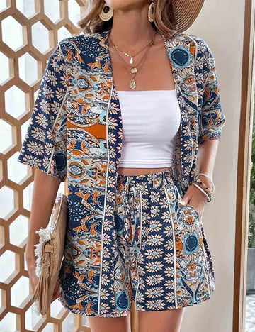 Ladies Tribal Print Short Sleeves Kimono Top & Shorts Set