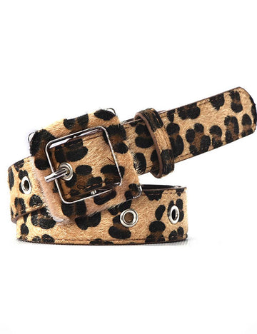 Ladies Faux Fur Leopard Metal Buckle Waist Belt