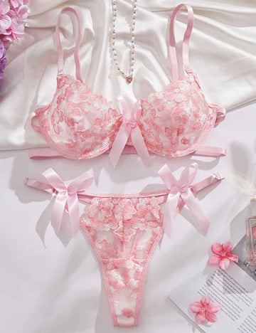 Ladies Floral Embroidery Sheer Side Bowknot Lingerie Set