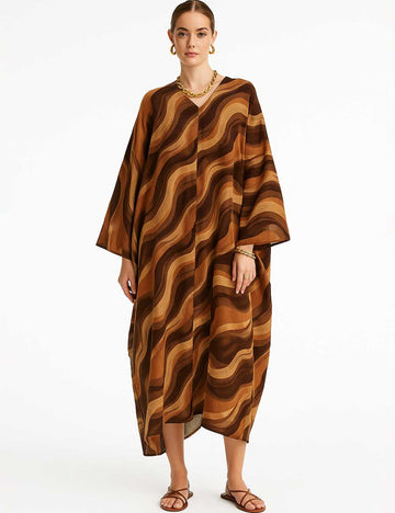 Ladies Wave Print Kaftan Back Deep V Maxi Dress