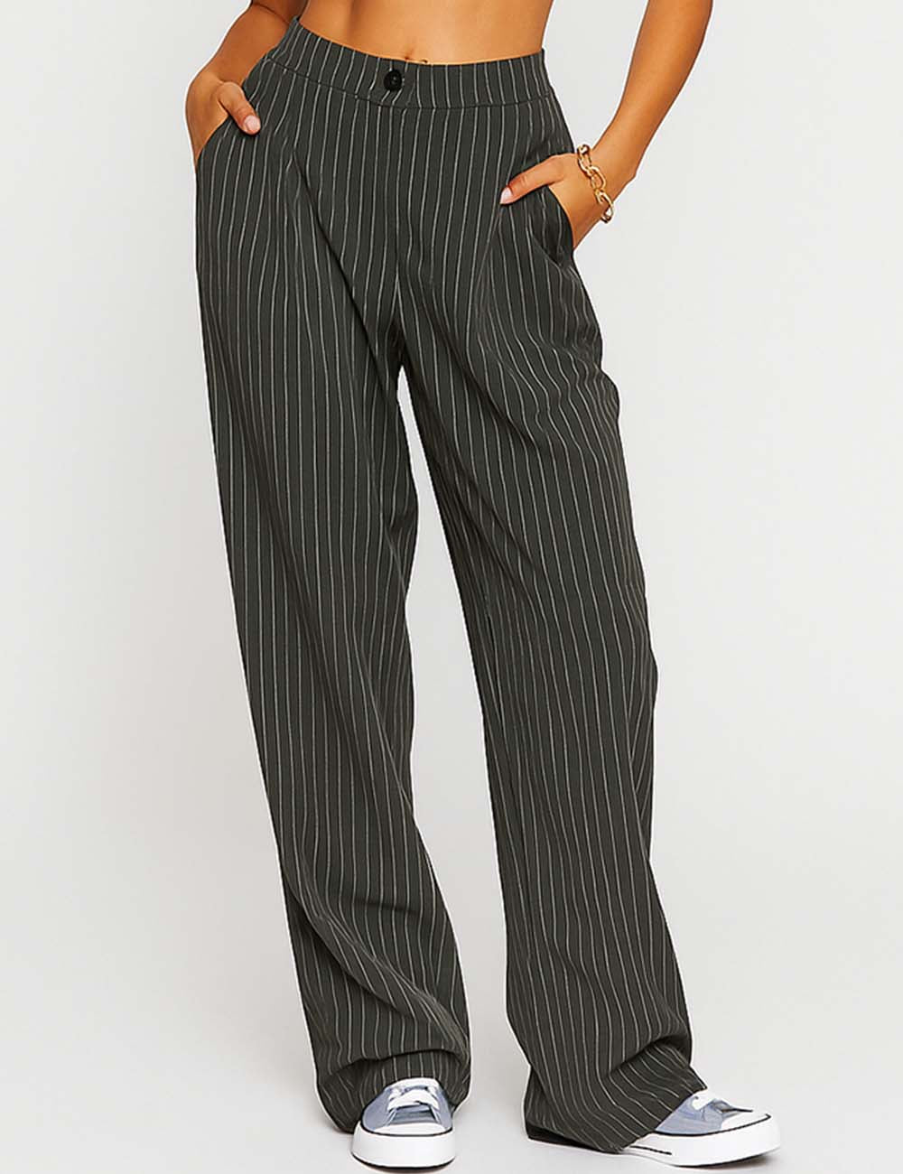 Ladies Color Block Striped Button Closure Straight Leg Pants