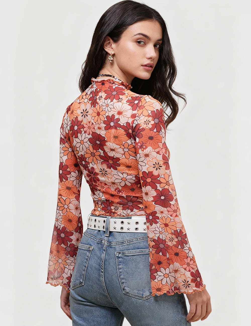 Ladies Print Flare Sleeves Mesh Crop Top SKT2417
