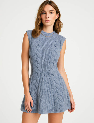 Ladies Chunky Knit Round Neck Sleeveless Sweater Mini Dress