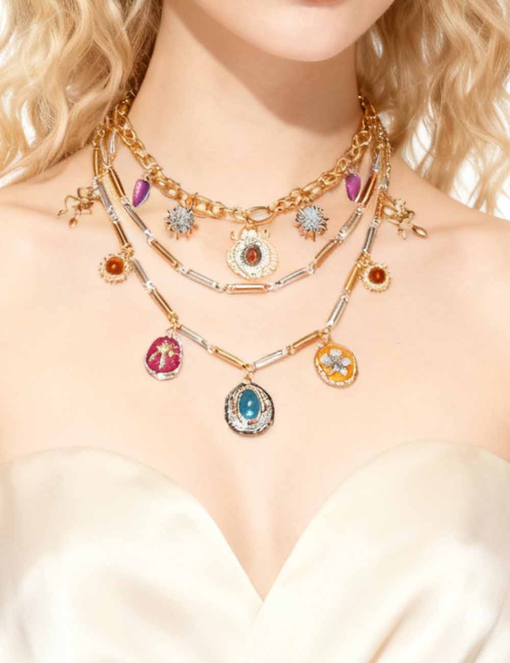 Ladies Vintage Gemstone Flower Pendant 3PCS Necklace Set