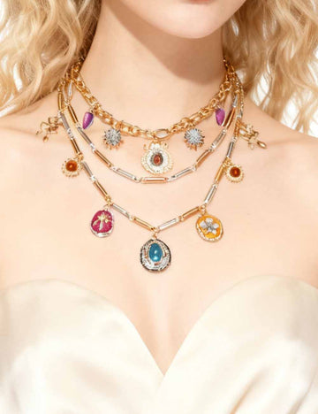 Ladies Vintage Gemstone Flower Pendant 3PCS Necklace Set