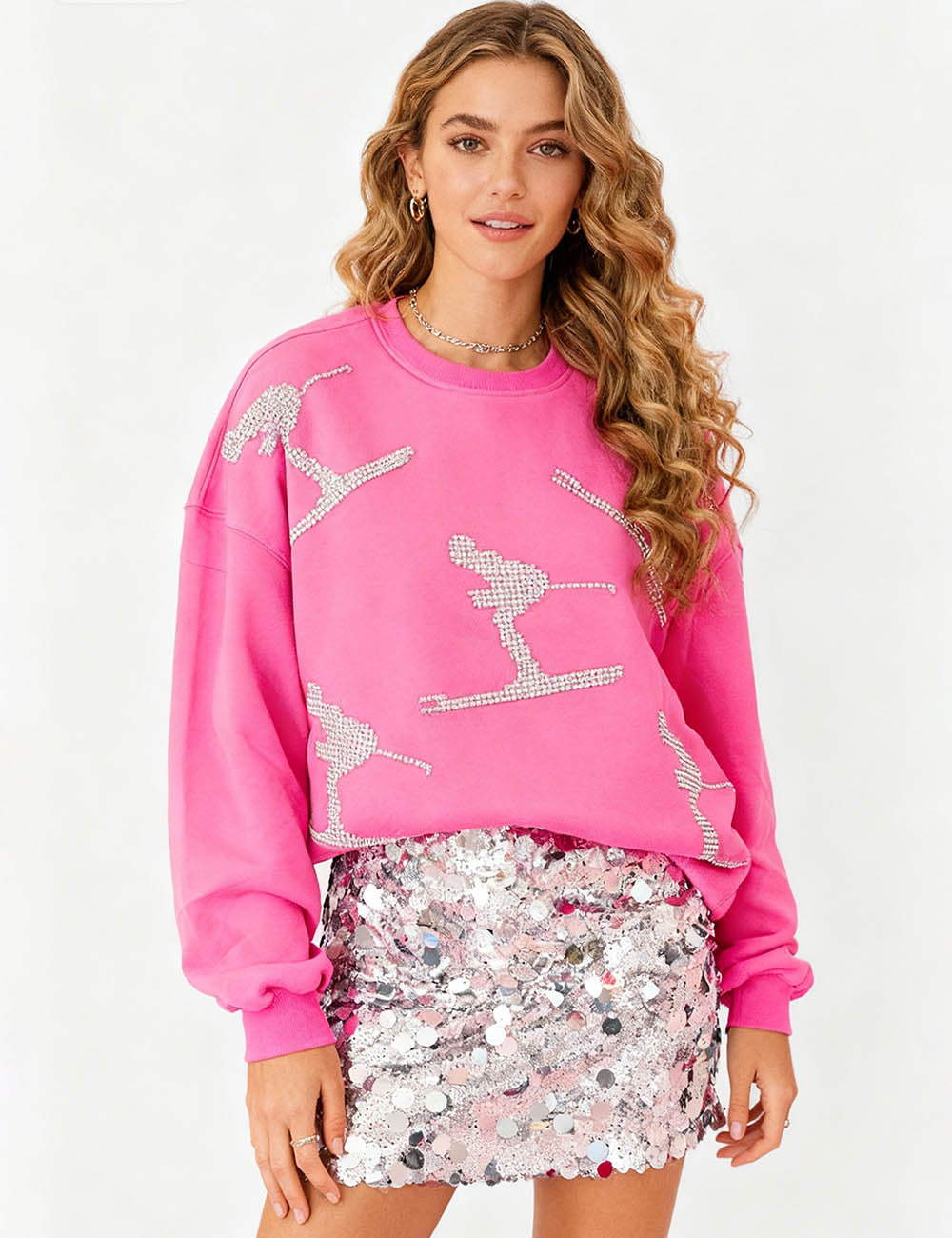 Ladies Sparkly Rhinestone Round Neck Long Sleeves Sweatshirt