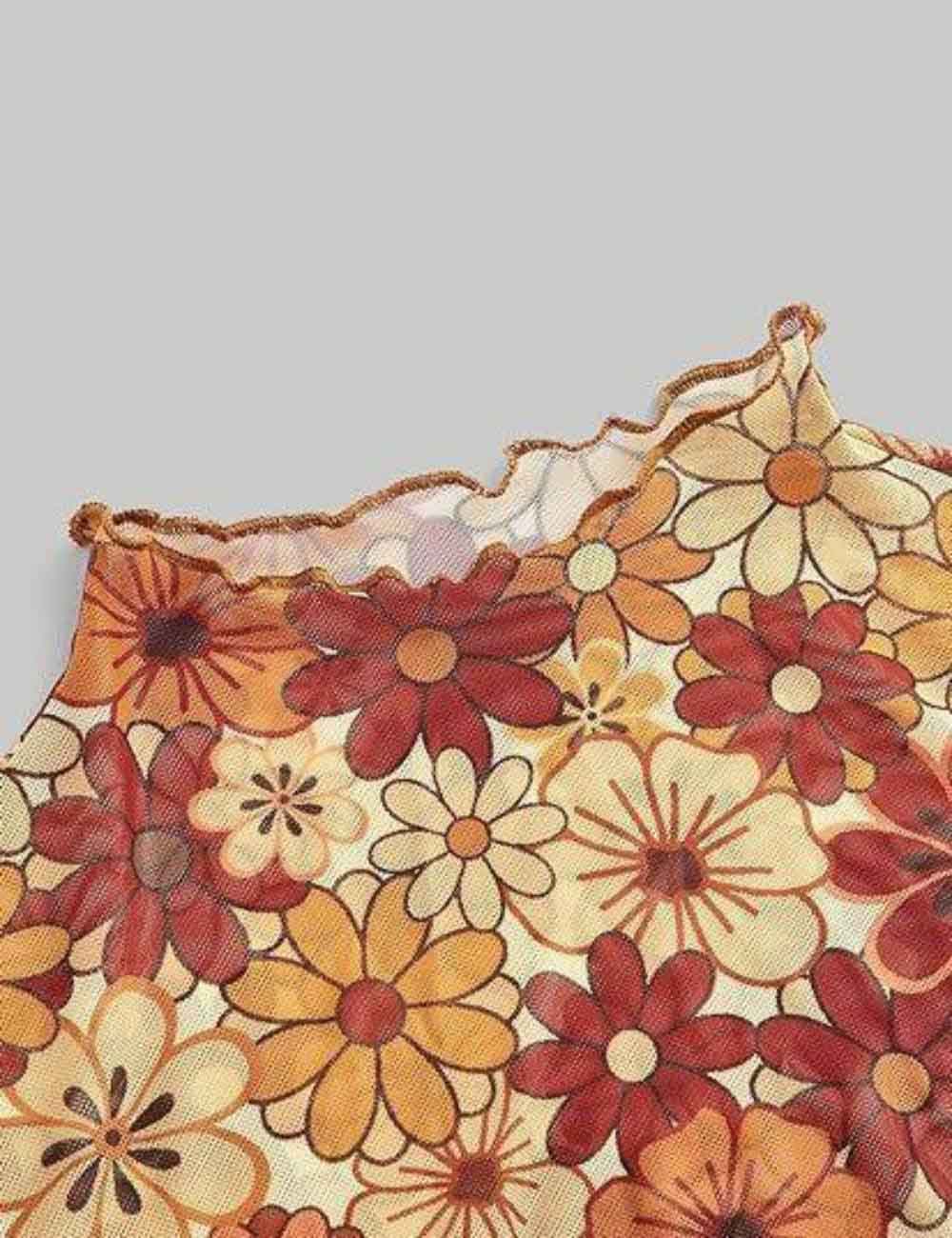 Ladies Print Flare Sleeves Mesh Crop Top SKT2417