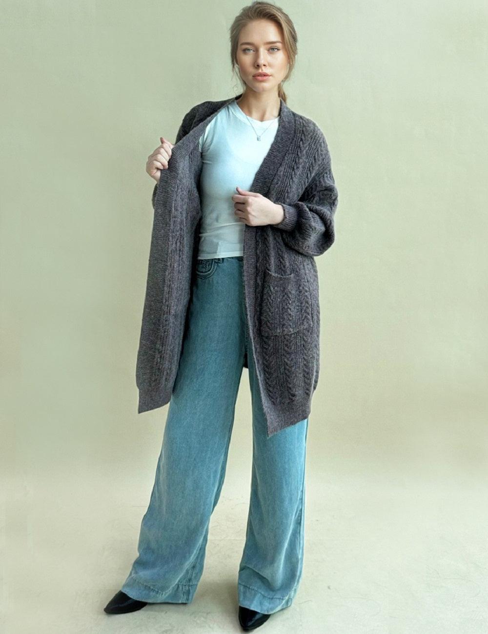 Ladies Solid Color Open Front Knit Cardigan SKT4690