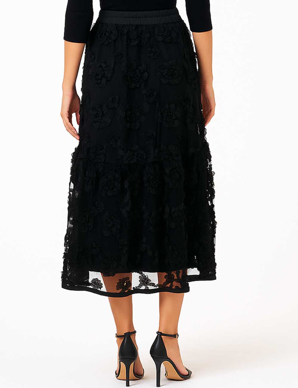 Ladies Elegant Ribbon Sew Floral Midi Skirt