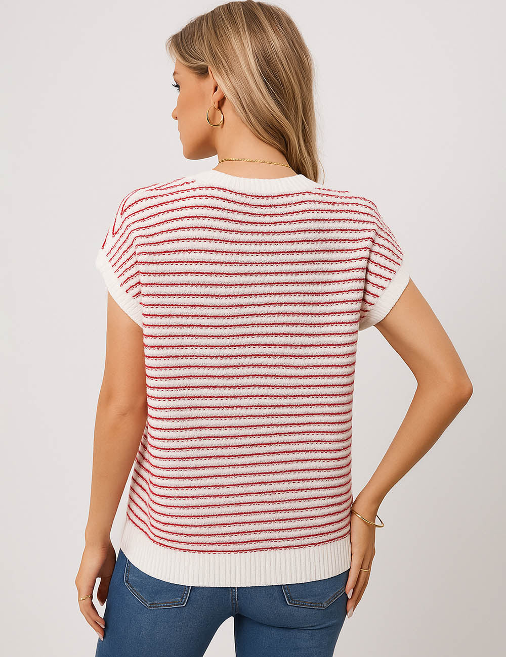 Ladies Striped Knit Top Rib Trim Short Sleeves Sweater
