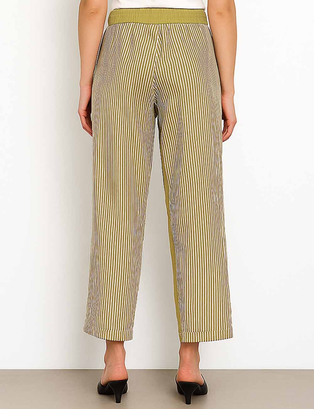 Ladies Striped Color Block Elastic Waist Tie Denim Pants