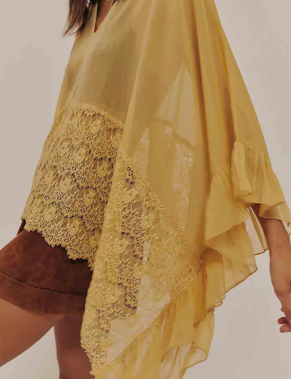 Ladies Lace Ruffle Batwing Sleeves See Through Blouse