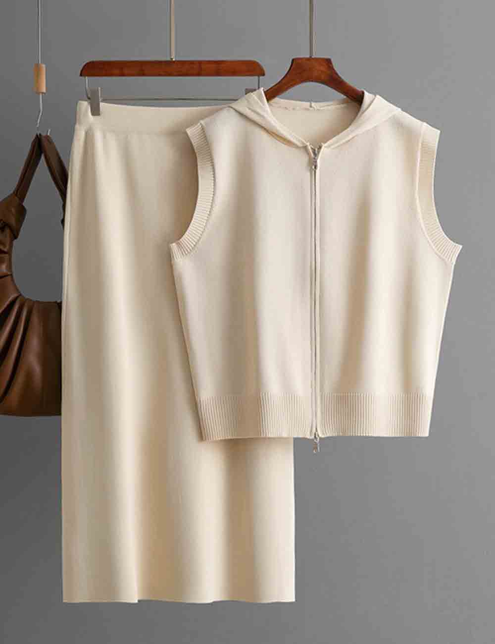Ladies Hooded Zipper Sleeveless Knit Top & Skirt Set