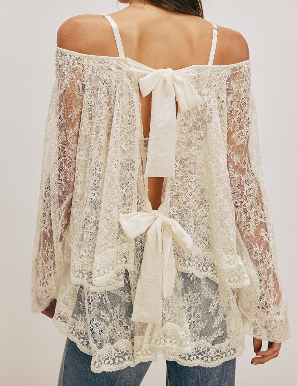 Ladies Solid Color Lace String Tie Bowknot Blouse Top
