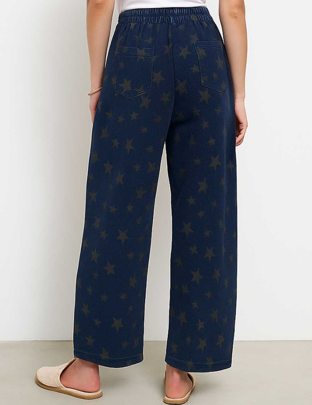 Ladies Color Block Star Print Straight Leg Denim Pants