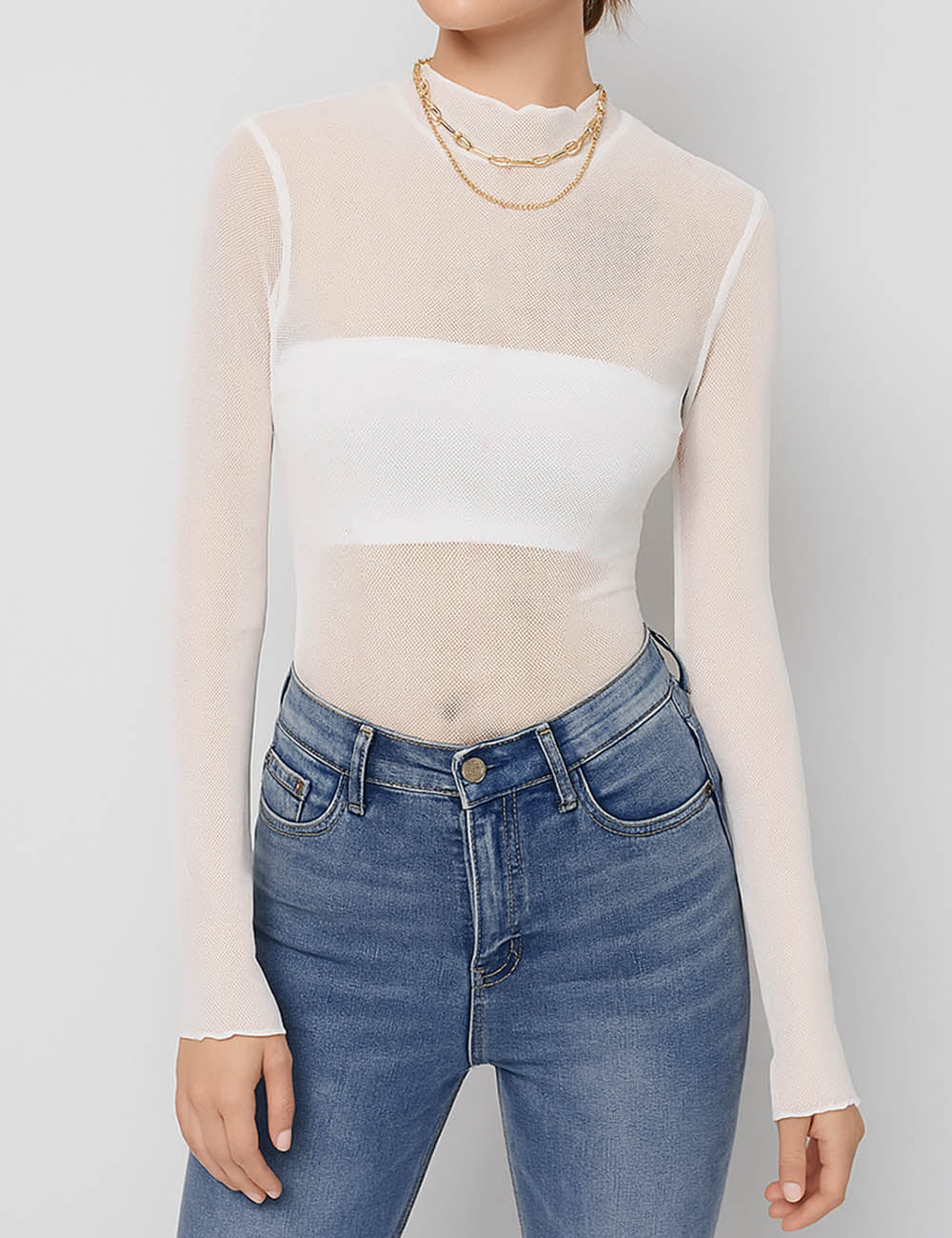 Ladies Mesh Sheer Round Neck Long Sleeves Bodysuit