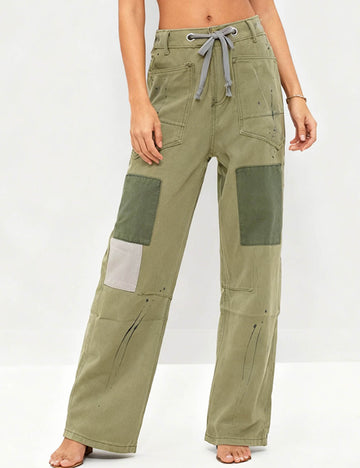 Ladies Patchwork Drawstring Paint Splatter Denim Pants