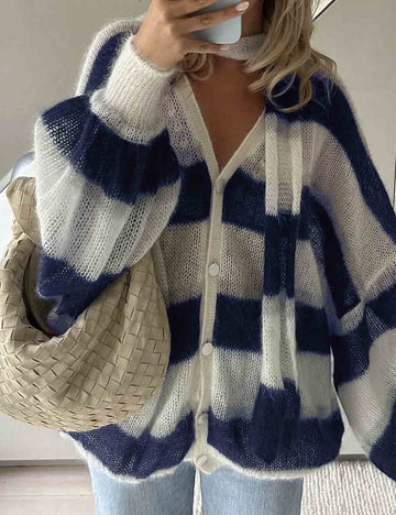 Ladies V-Neck Color Block Striped Lantern Sleeves Knit Cardigan