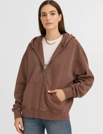 Ladies Slouchy Washed Zip Hooded Sweatshirt SKT4700