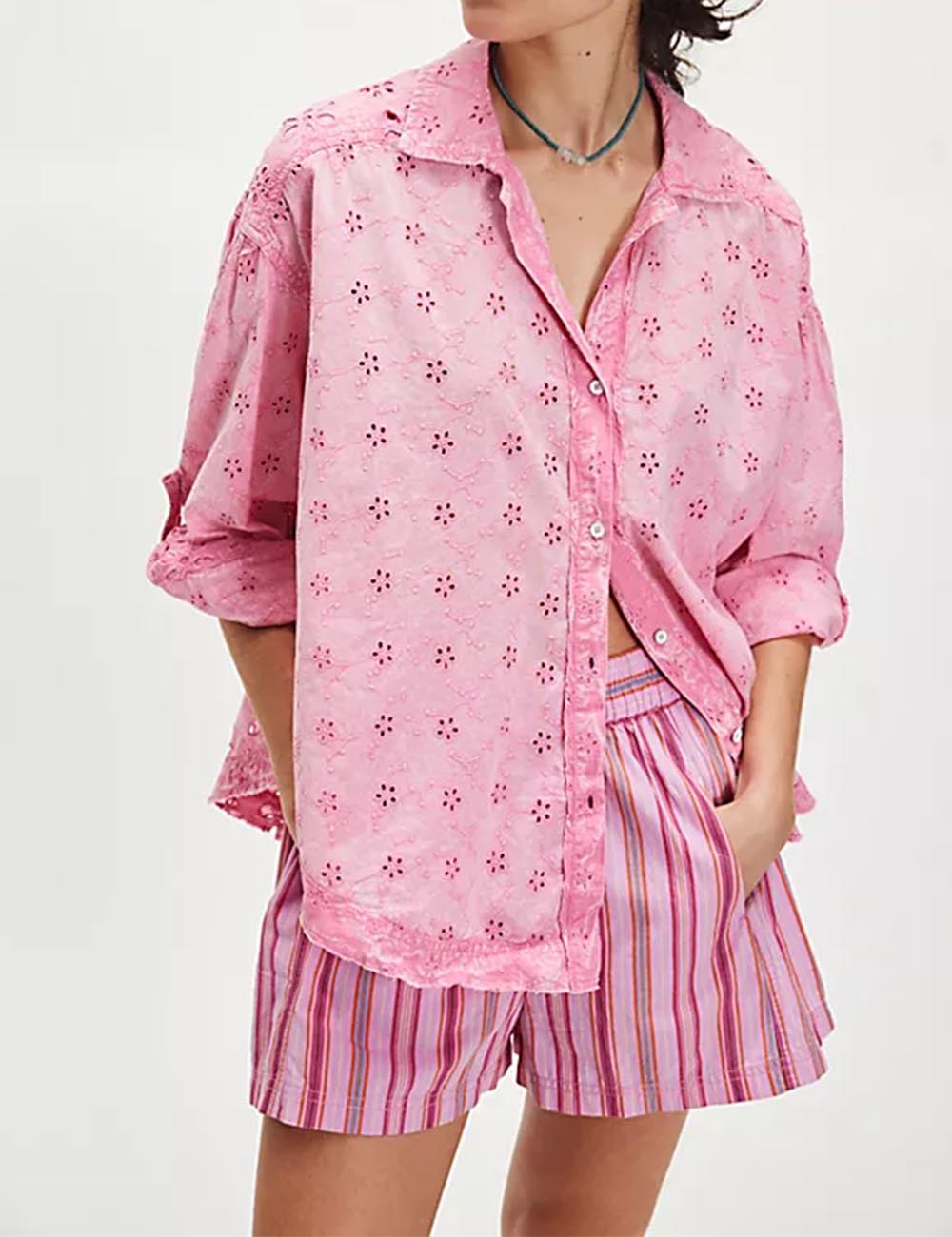Ladies Solid Color Eyelets Long Sleeves Shirt