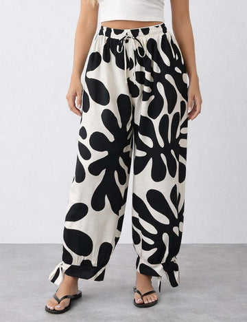 Ladies Color Block Print Drawstring Elastic Waist Loose Pants