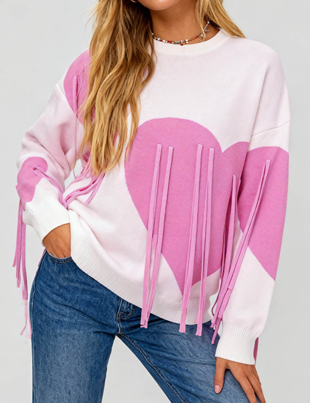 Ladies Valentine‘s Heart Tassel Multicolor Pullover Sweater