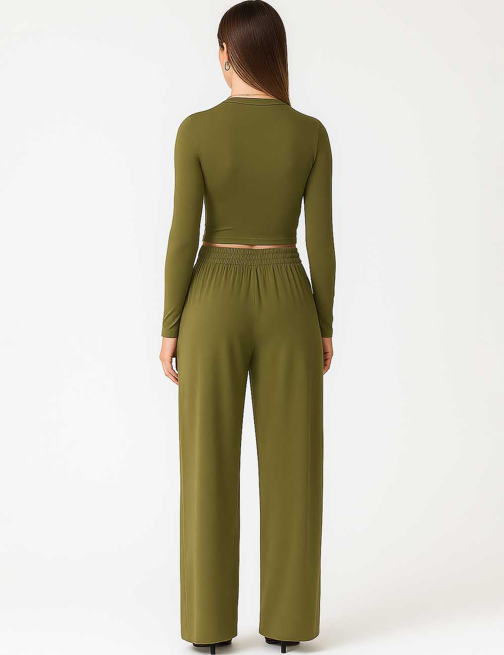 Ladies Stretch Ruched Long Sleeves Cropped Top & Pants Set