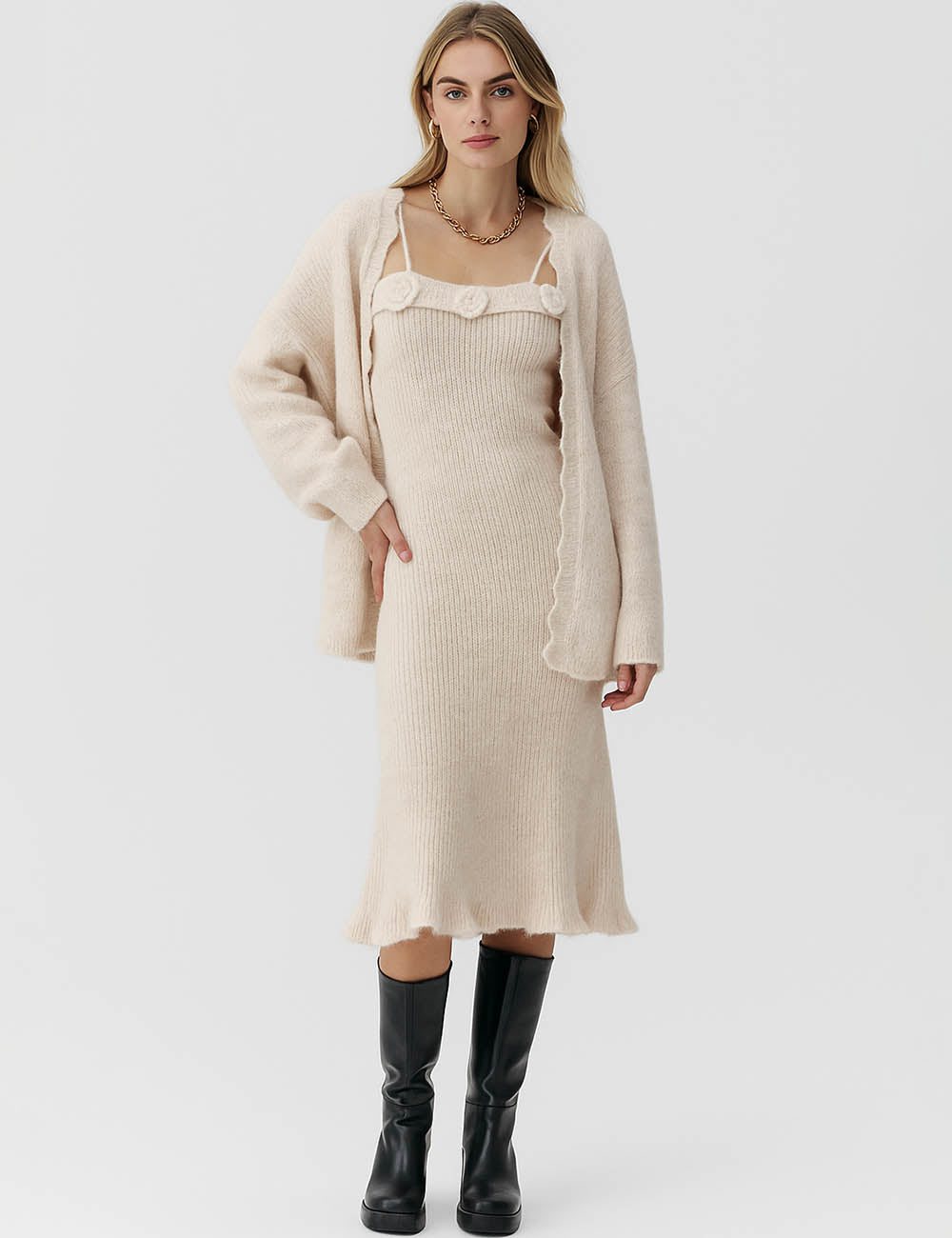 Ladies 3D Floral Crochet Knit Cami Midi Dress & Cardigan Set