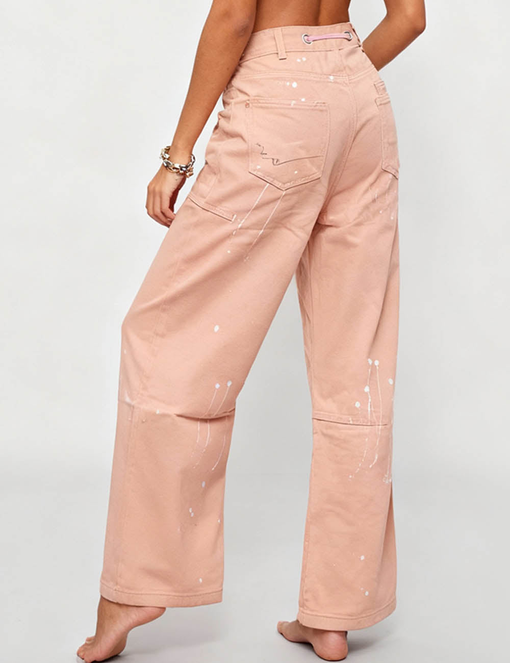 Ladies Paint Splatter Drawstring Wide Leg Denim Pants