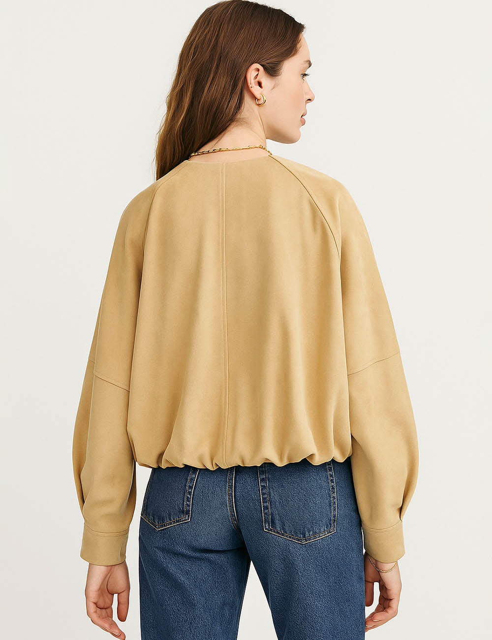 Ladies Faux Suede Button Front Round Neck Cropped Jacket