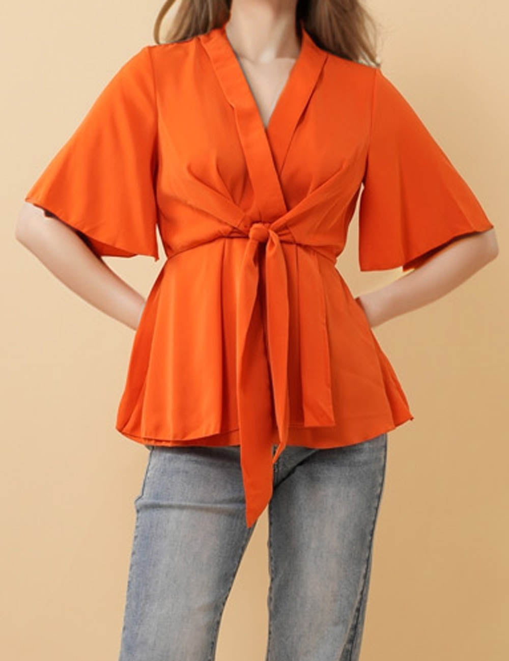 Ladies Solid Color V-Neck Blouse Waist Tie Top 8SKT51162