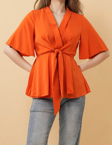 Ladies Solid Color V-Neck Blouse Waist Tie Top 8SKT51162