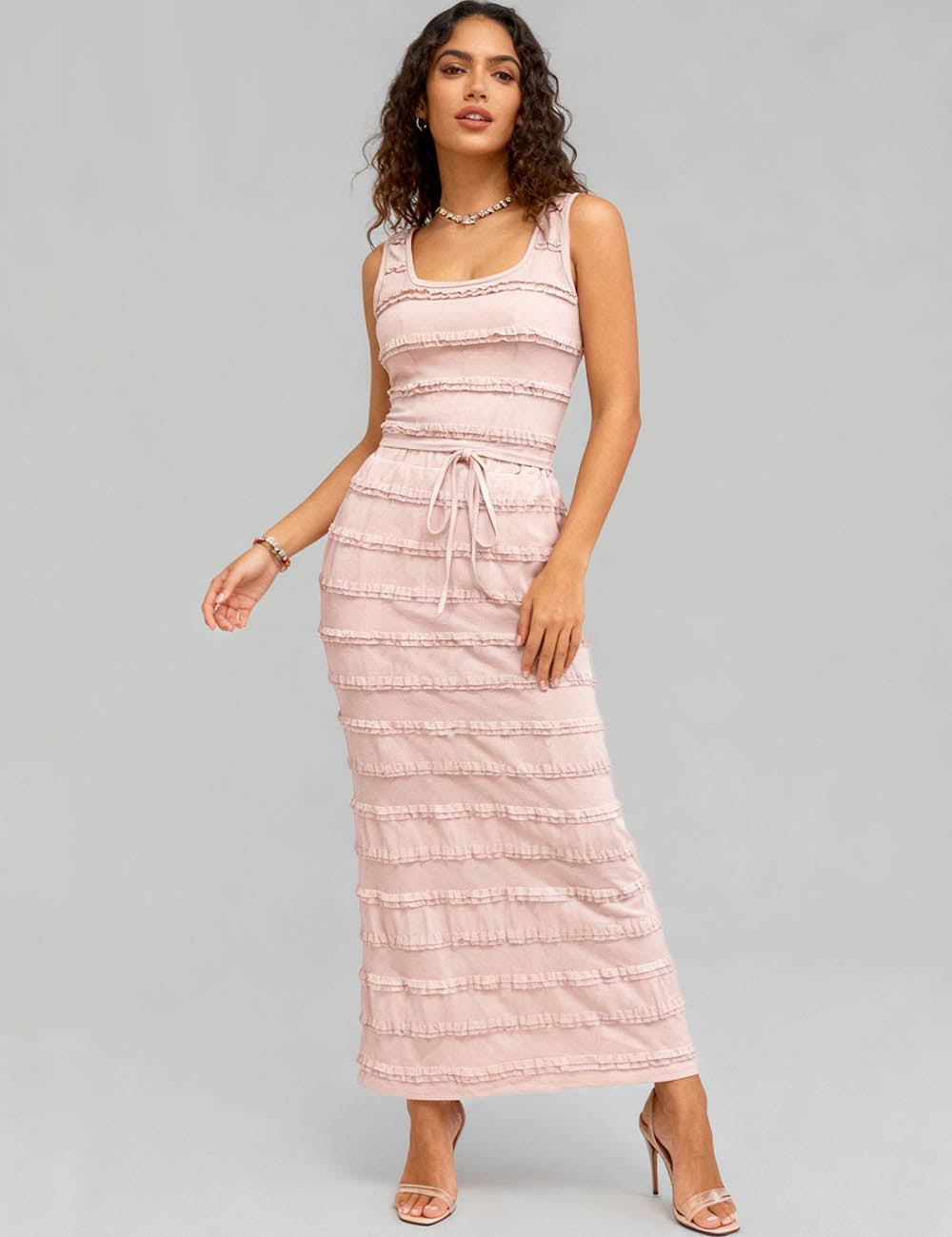 Ladies Scoop Neck Ruffle Trim Tank Top & Maxi Skirt 2PCS Set