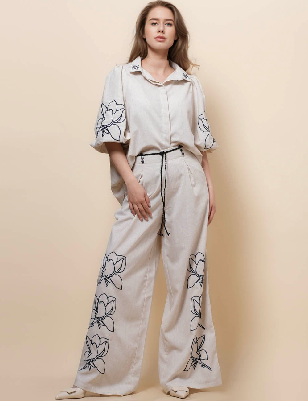 Ladies Puff Sleeves Floral Embroidery Shirt Pants Set SKST50380