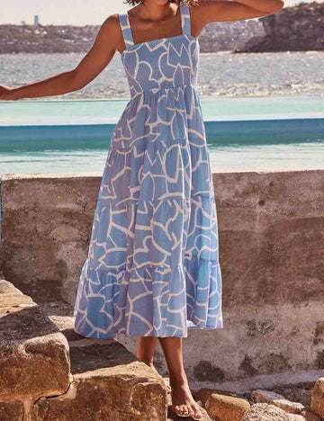 Ladies Color Block Print Back Smocking Midi Dress SKD51117