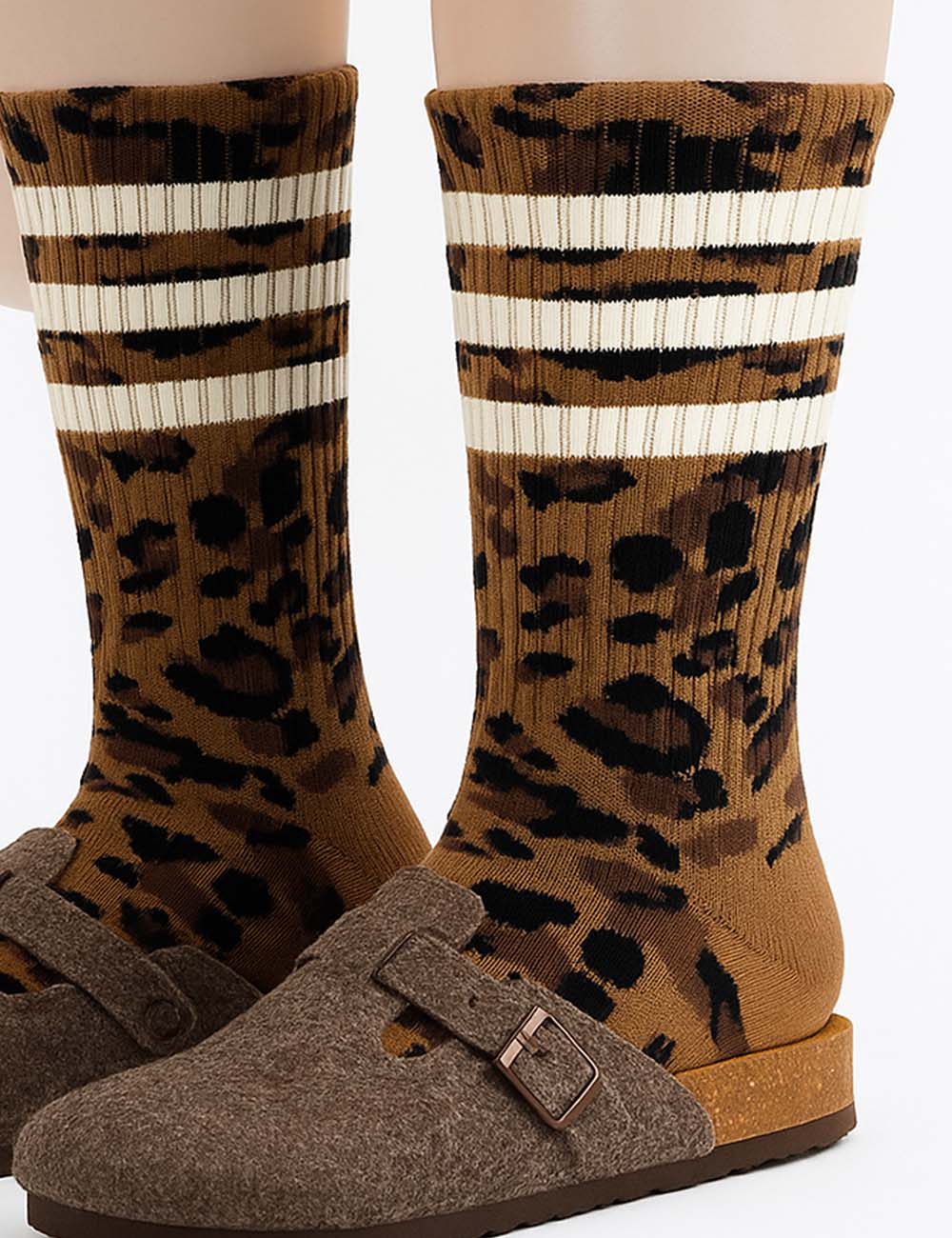 Ladies Vintage Leopard Striped Pattern Crew Knit Socks