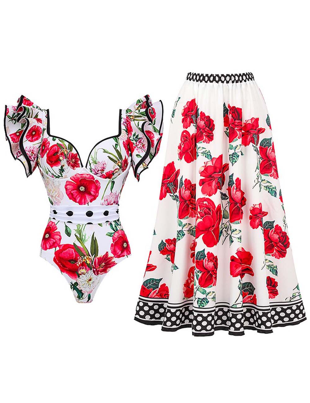 Ladies V-Neck Floral Print One Piece Swimwear with Salong