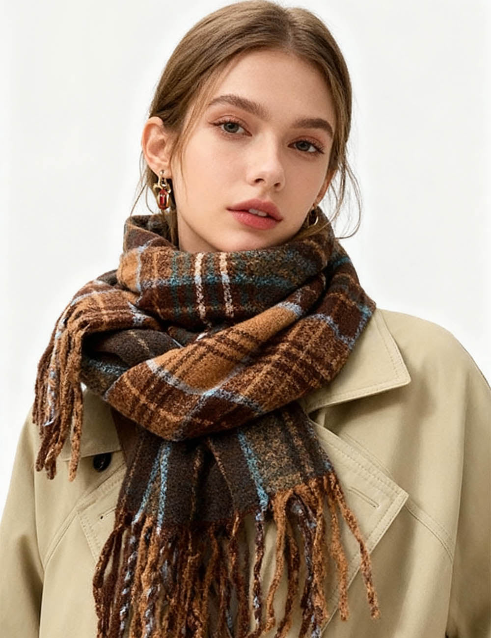 Ladies Retro Plaid Oblong Fringe Knit Scarf