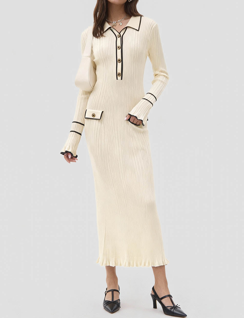 Ladies Turndown Collar Bell Long Sleeves Knit Maxi Dress