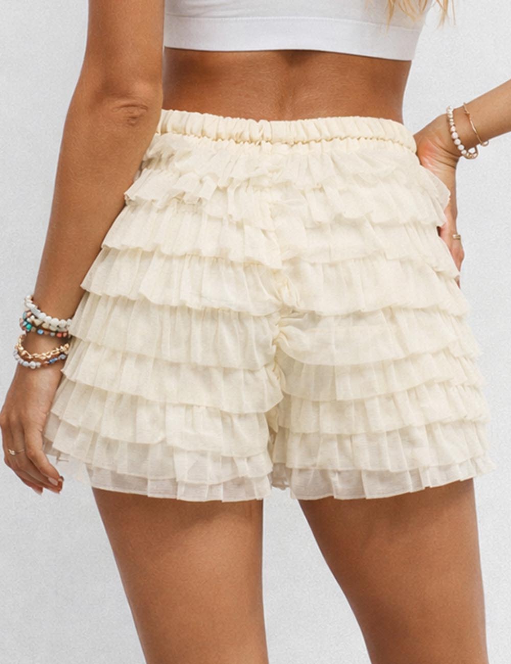 Ladies Tiered Mesh Ruffle Solid Color Elastic Waist Mini Shorts