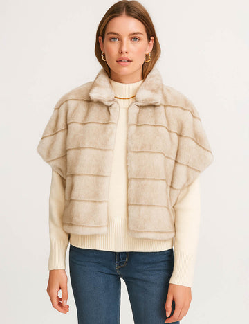 Ladies Fluffy Faux Fur Zipper Front Cape Sleeves Jacket