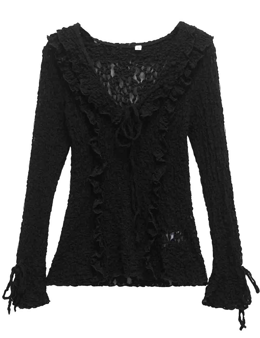 Ladies Solid Color Ruffle Lace Long Sleeves Blouse