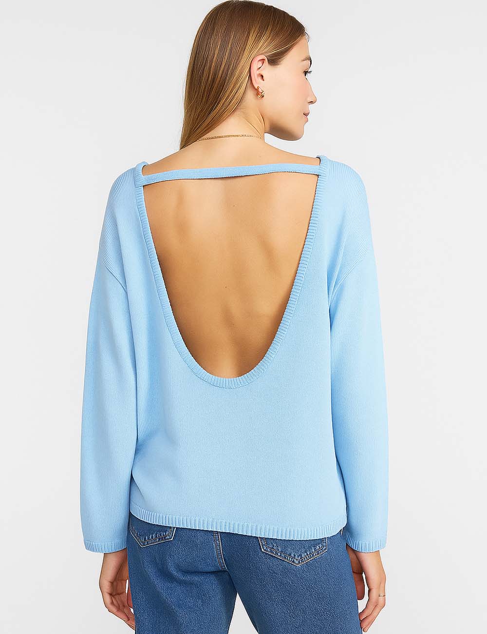 Ladies Deep V-Shaped Backless Round Neck Knit Blouse