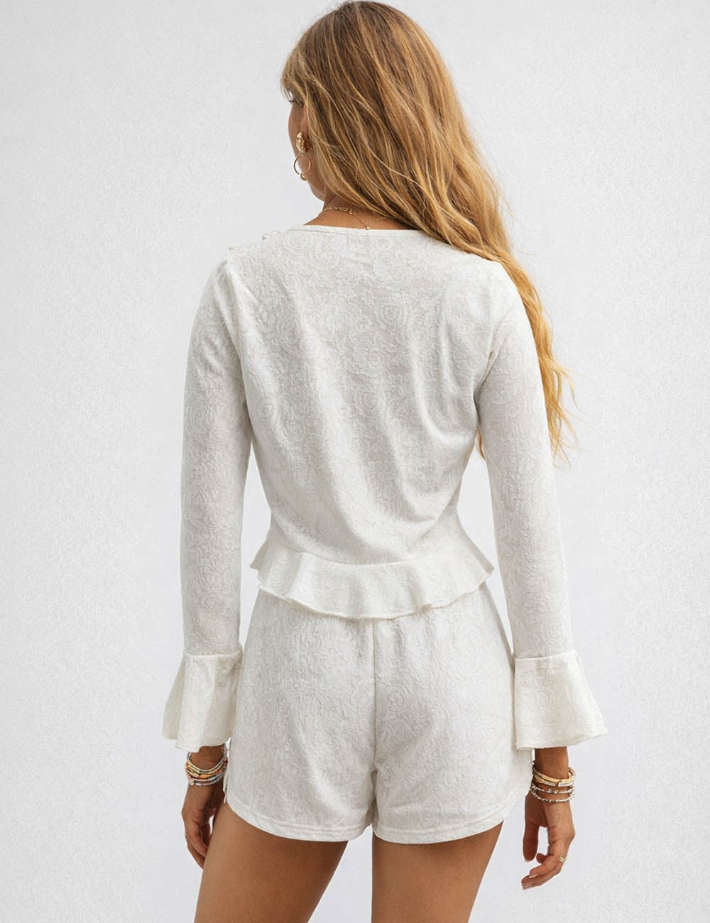 Ladies Ruffle Lace-Up Blouse & Wide Leg Shorts Set