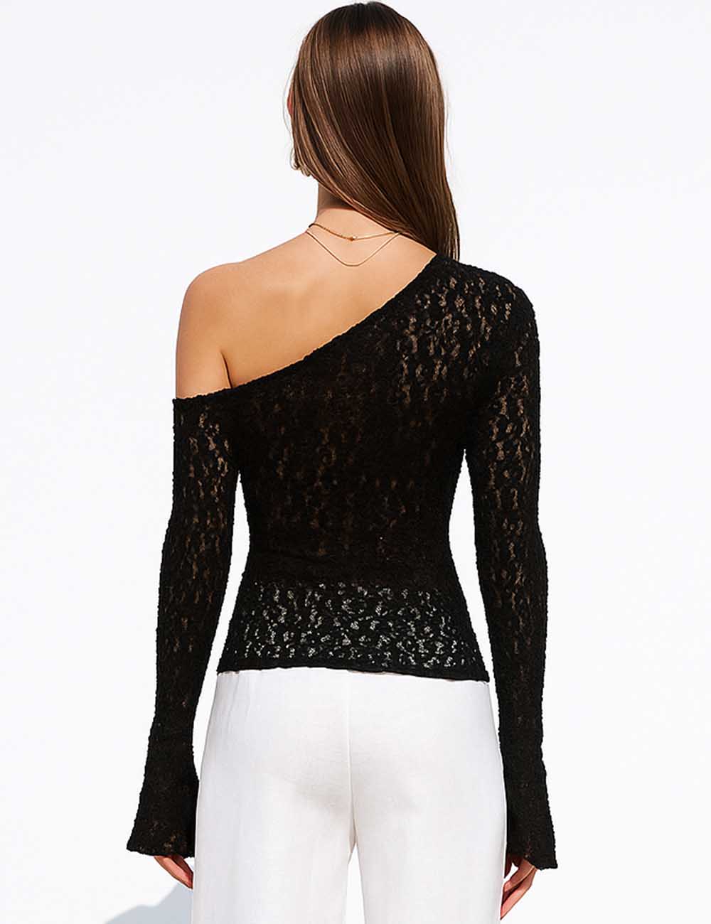 Ladies One Shoulder Flared Sleeves See Sheer Lace Top
